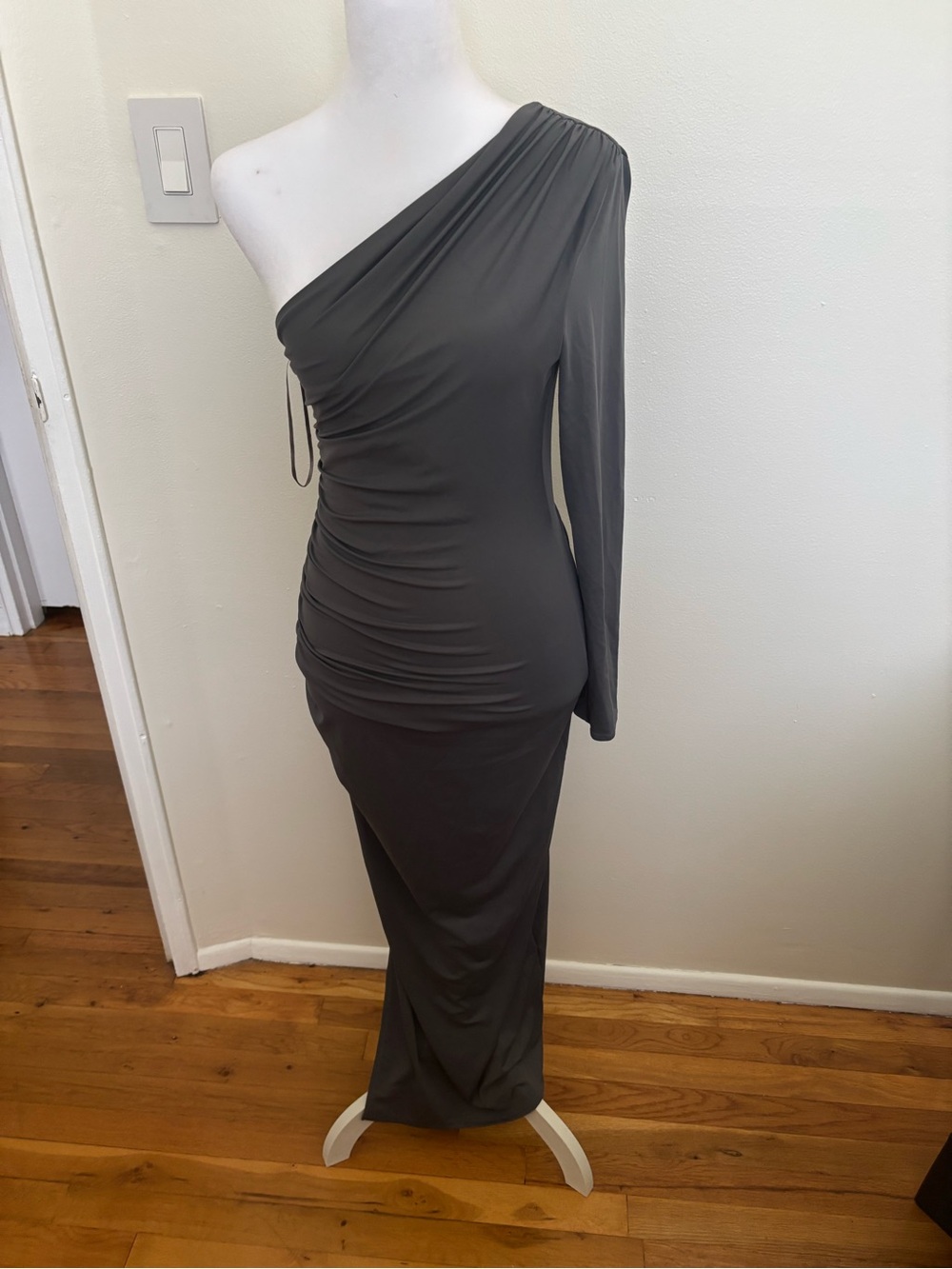 Zara One-Shoulder Long Sleeve Gray Maxi Dress
